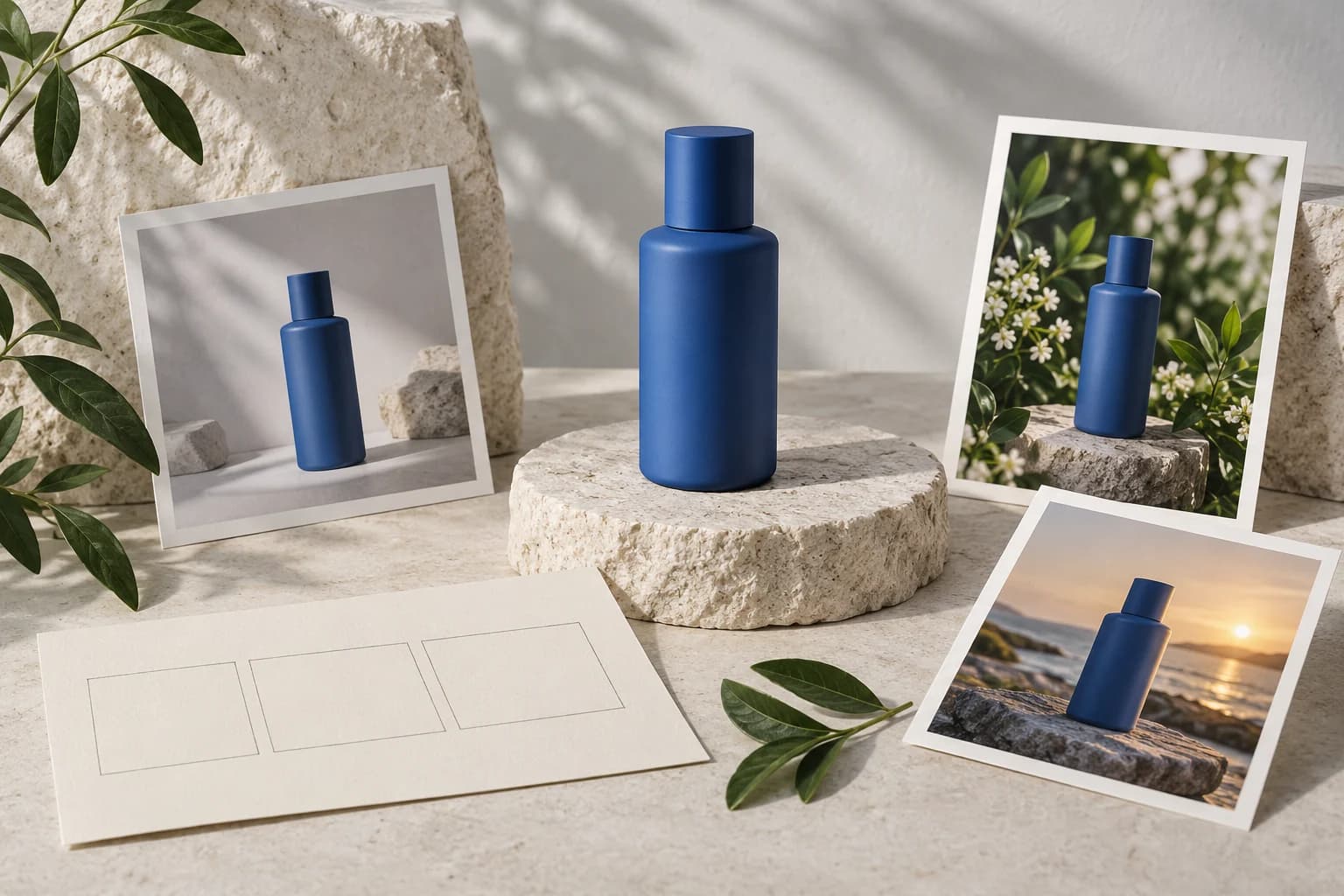 Blue product bottle on pale stone with reference photos, a storyboard sheet, and botanical leaves