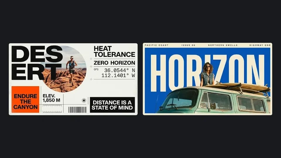 Two Nano Banana 2.1 outdoor poster concepts with bold headlines and structured layouts