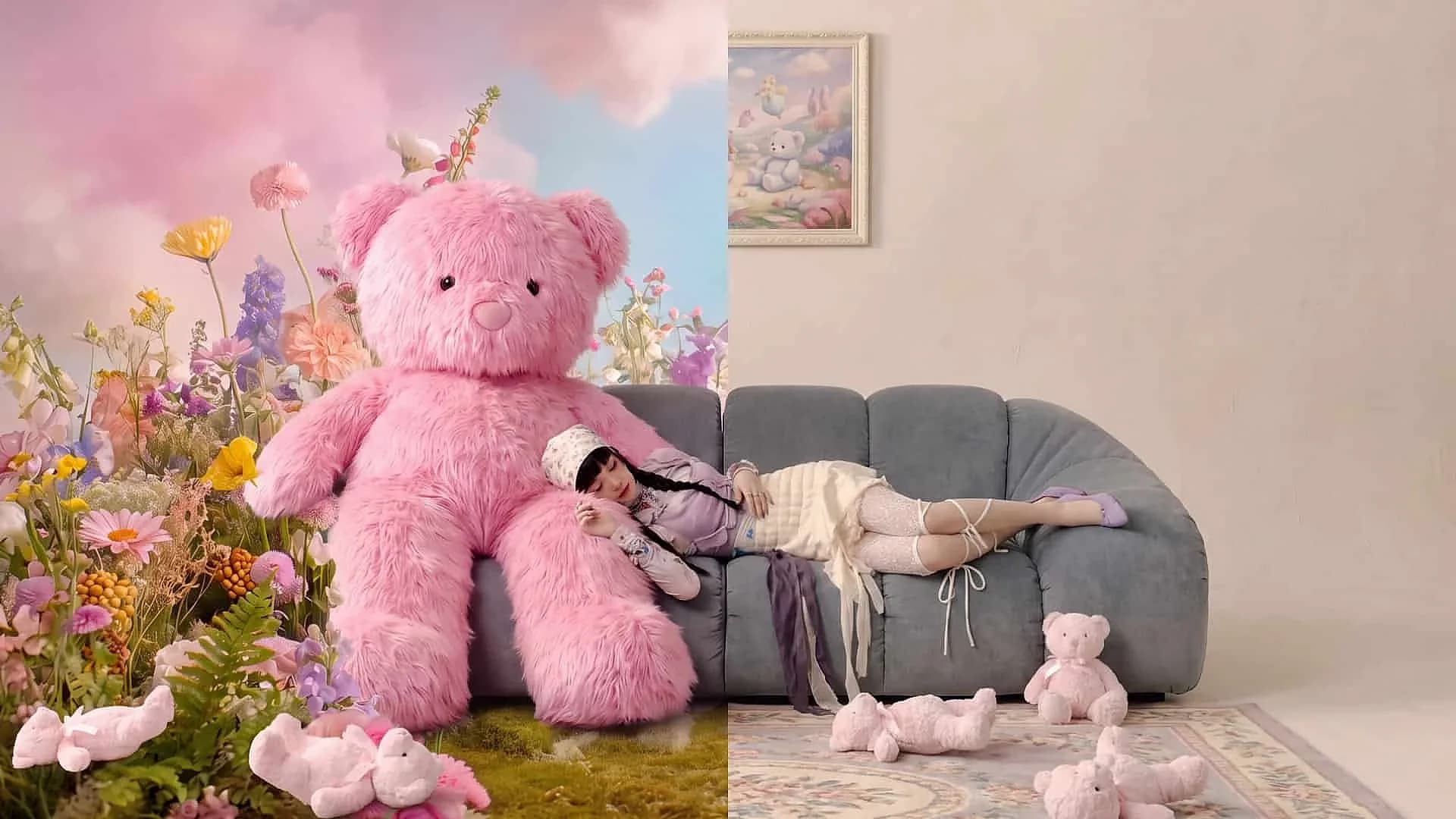 Pink teddy bear and rabbit in a reference-guided scene on a sofa