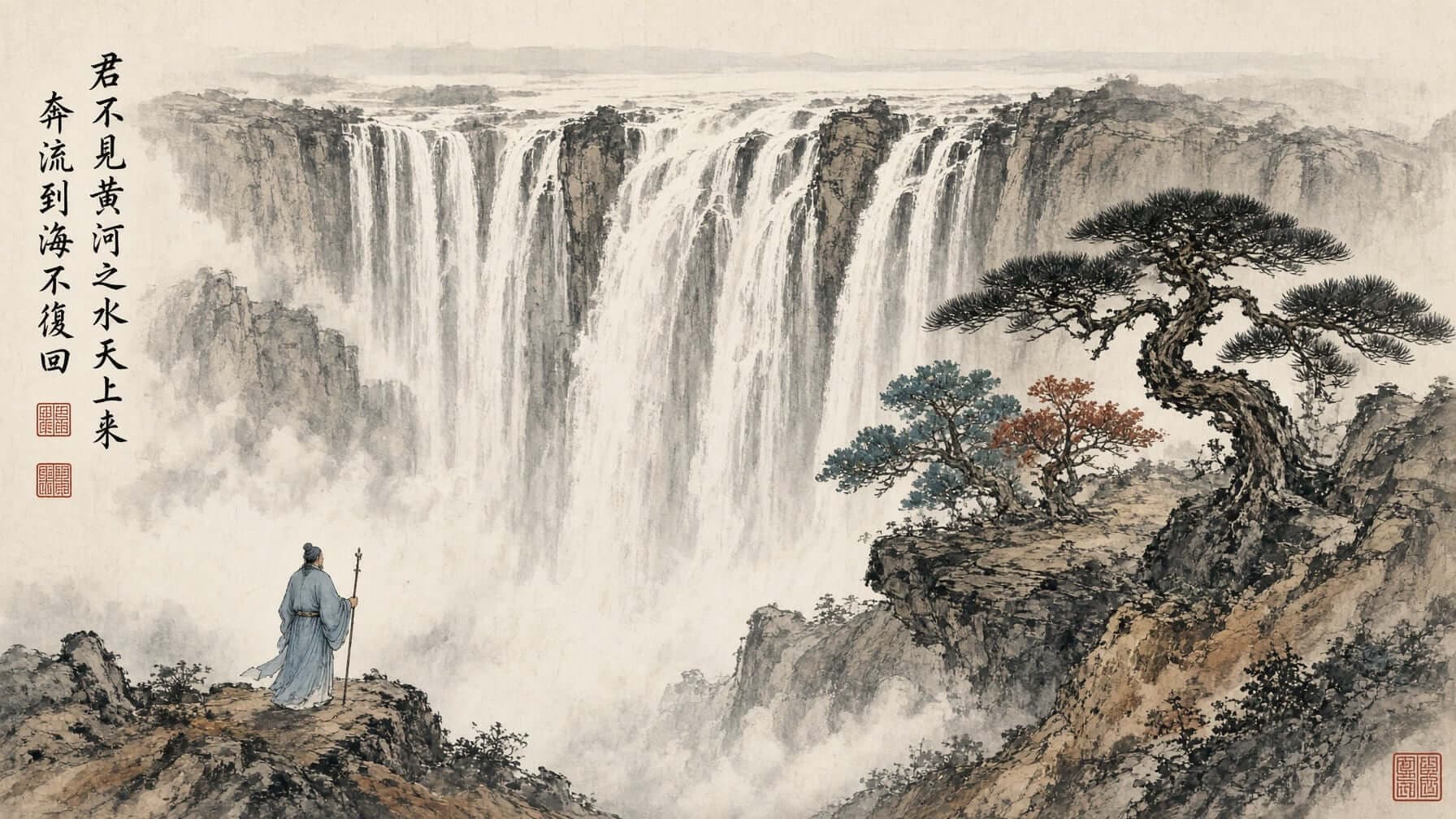 Classical Chinese ink painting of a waterfall with a robed figure