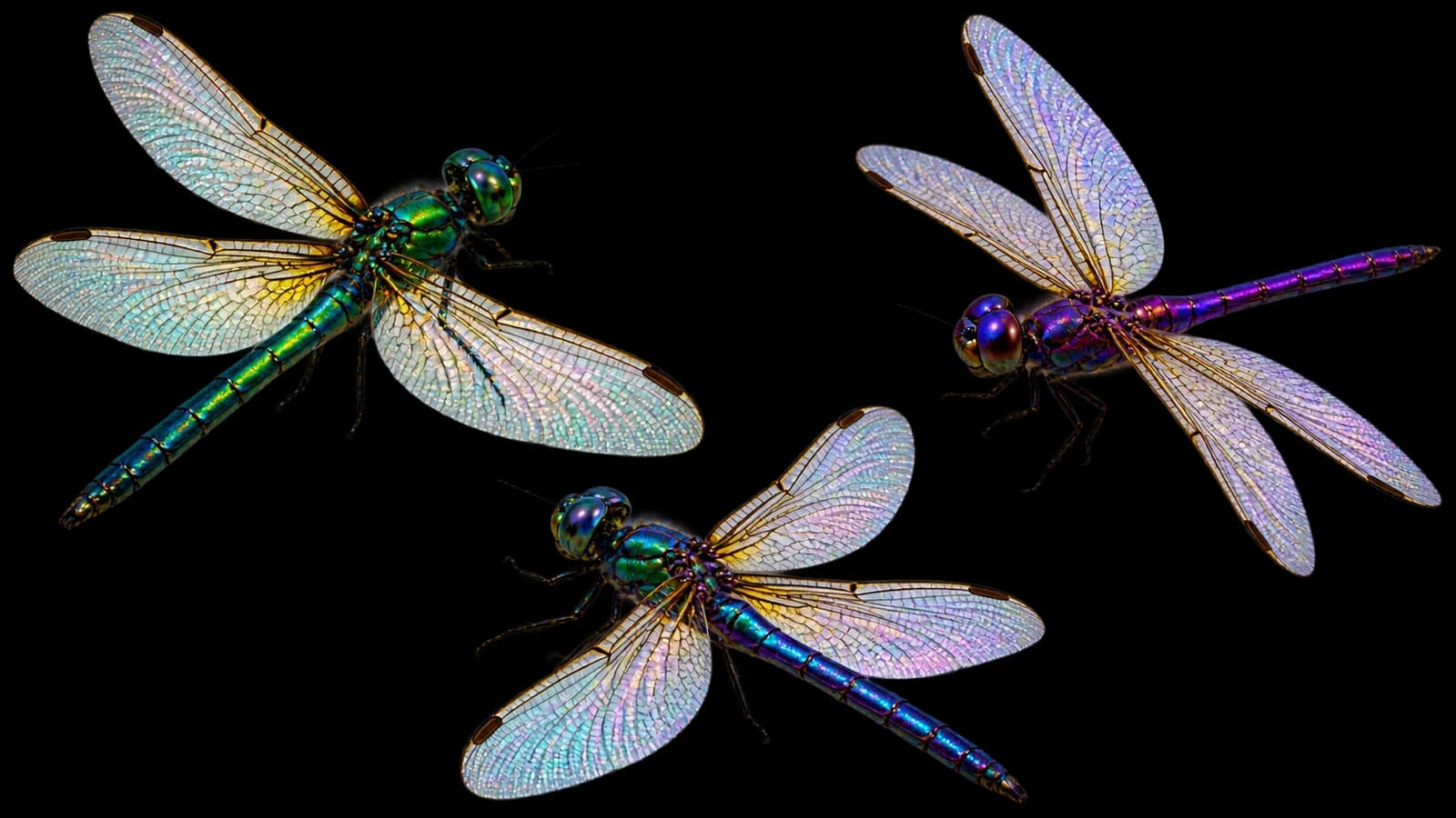 Iridescent dragonflies with delicate translucent wings on a transparent background