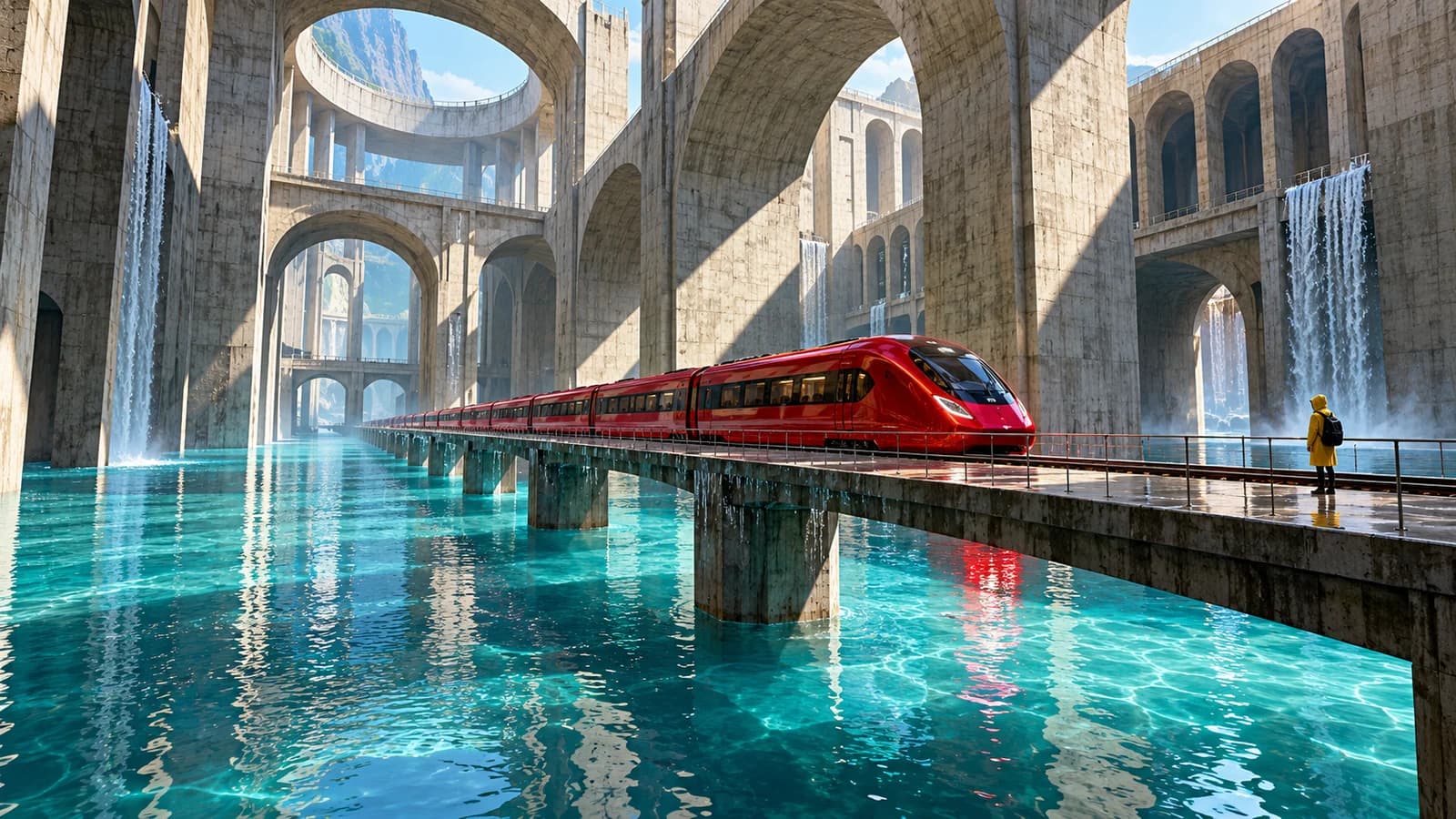 A crimson train crossing a flooded concrete atrium above turquoise water
