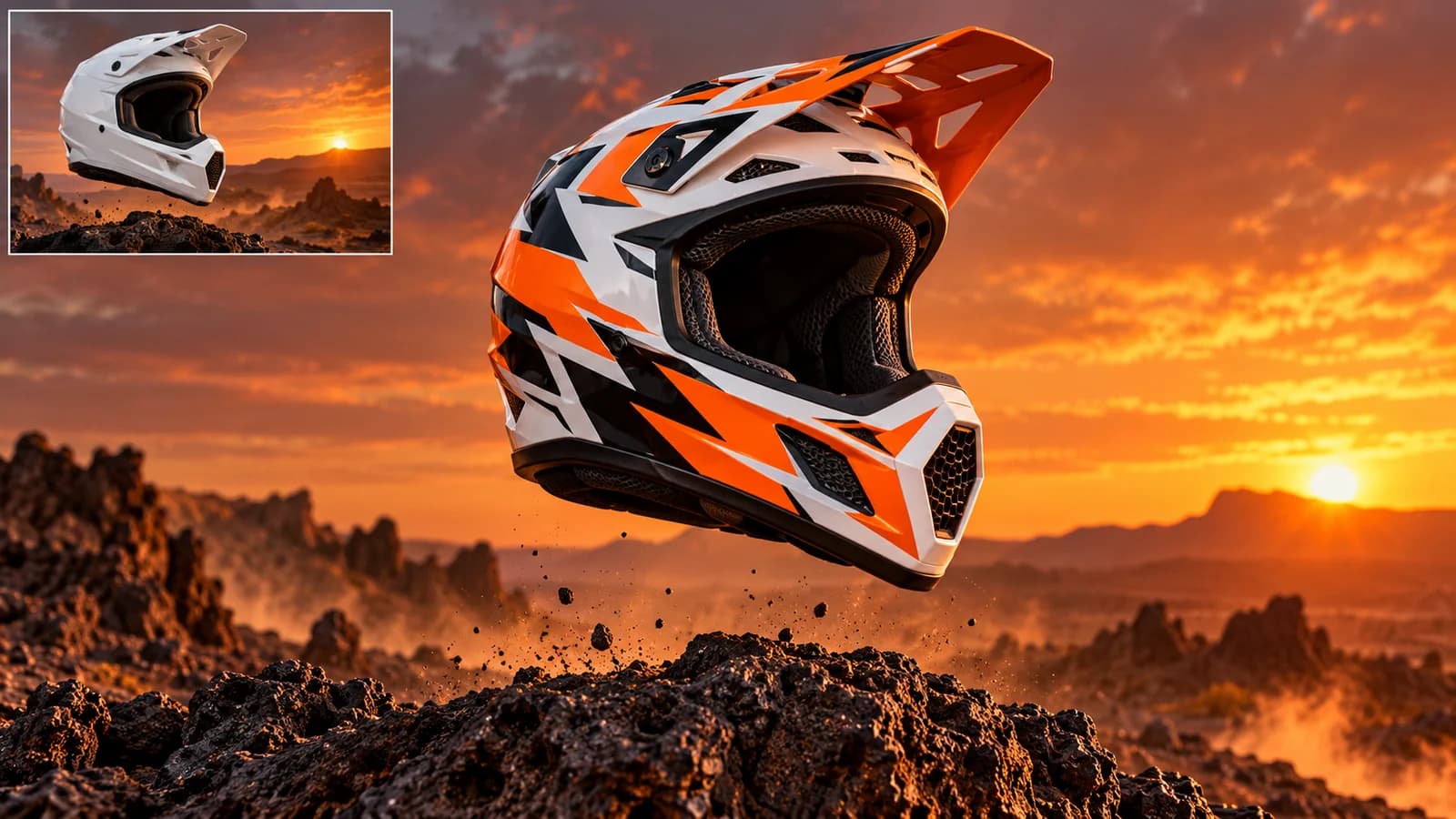 Motocross helmet graphic edit with a small inset showing the original white shell