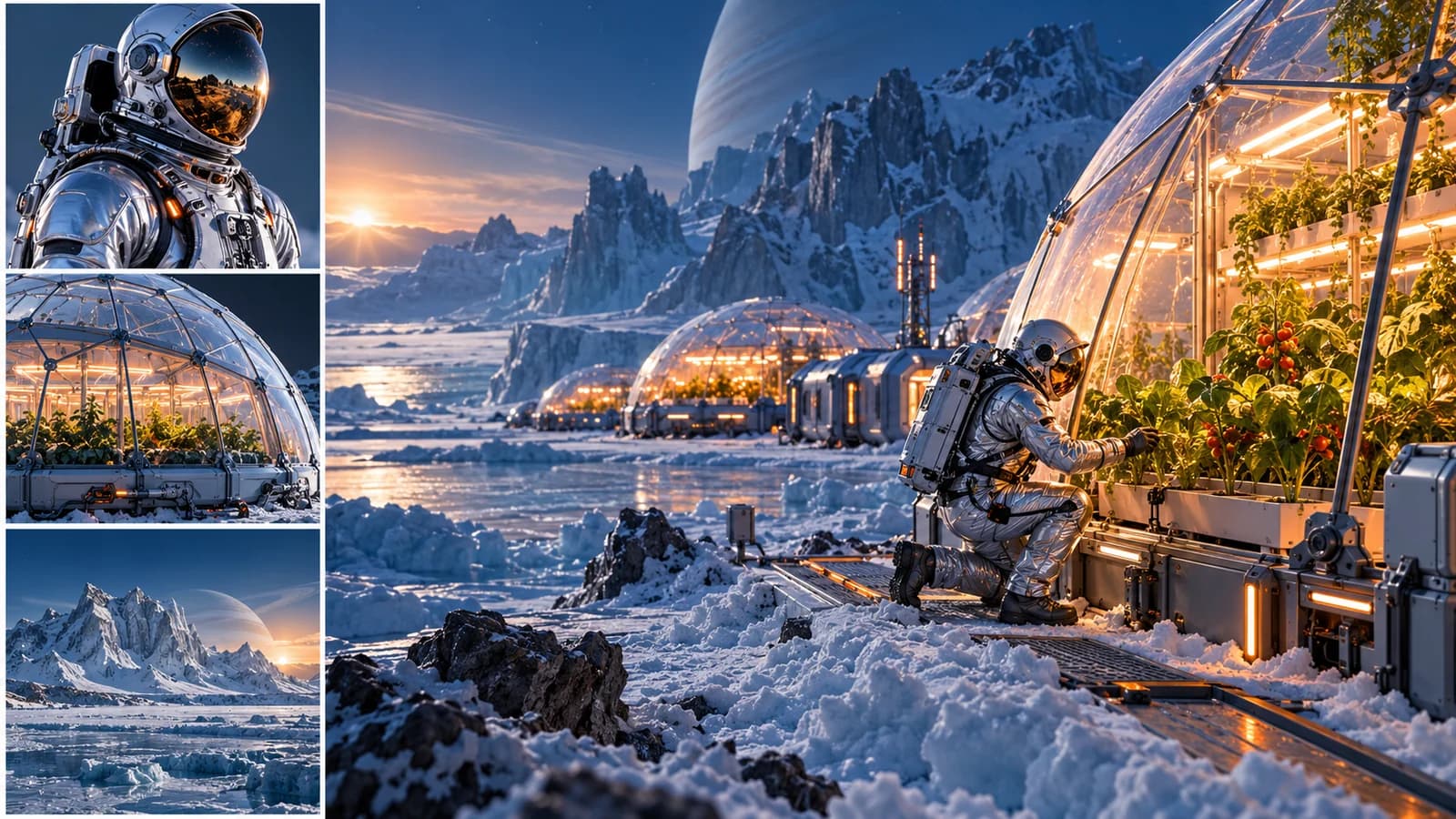 Astronaut greenhouse concept combining suit, dome architecture and icy terrain references