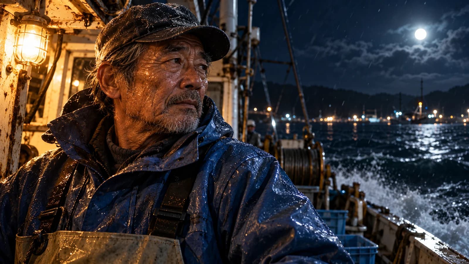 Fisherman aboard a boat at night under amber cabin light and cool moonlight