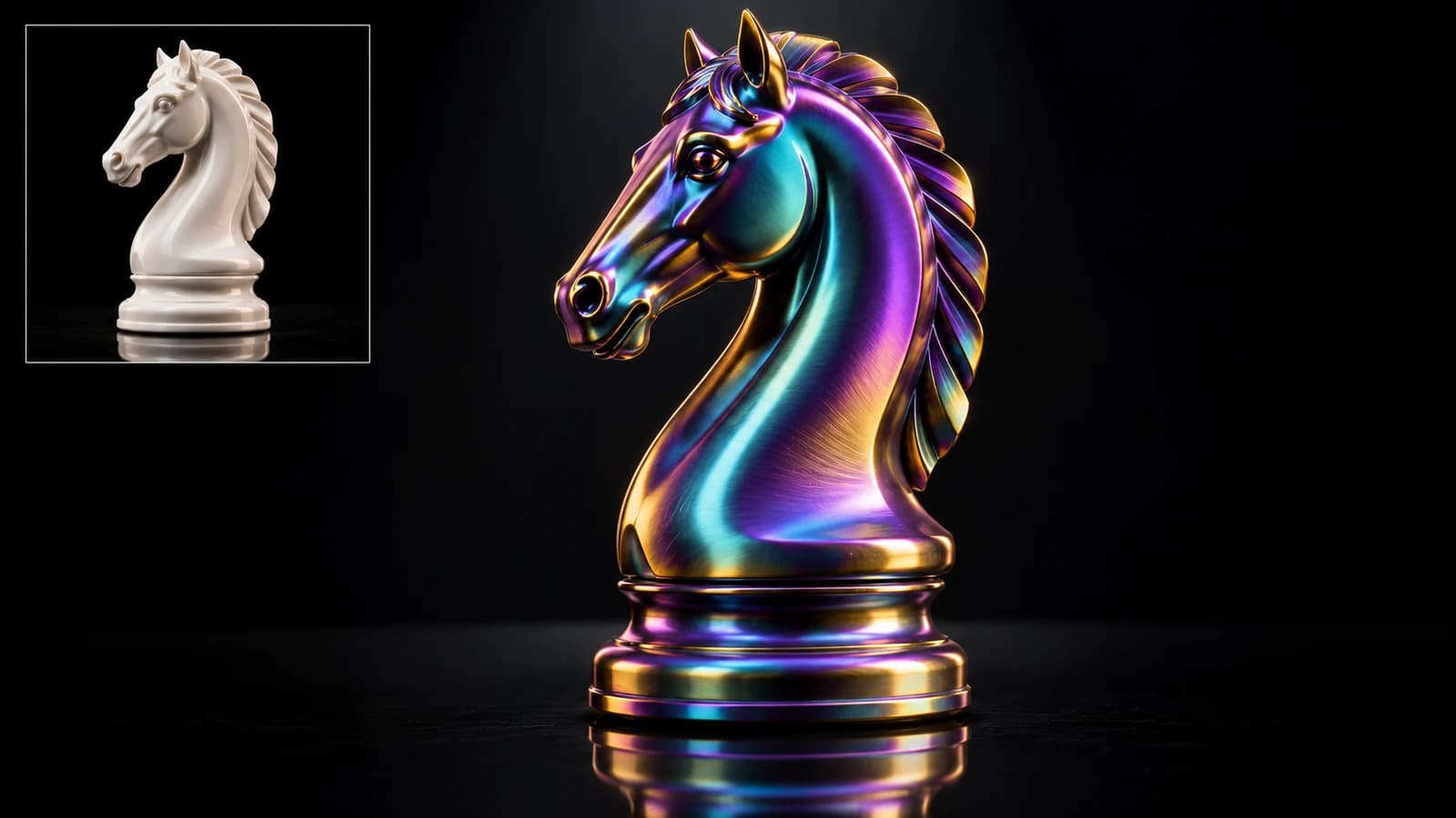 Iridescent titanium chess knight with a small inset showing its original porcelain material