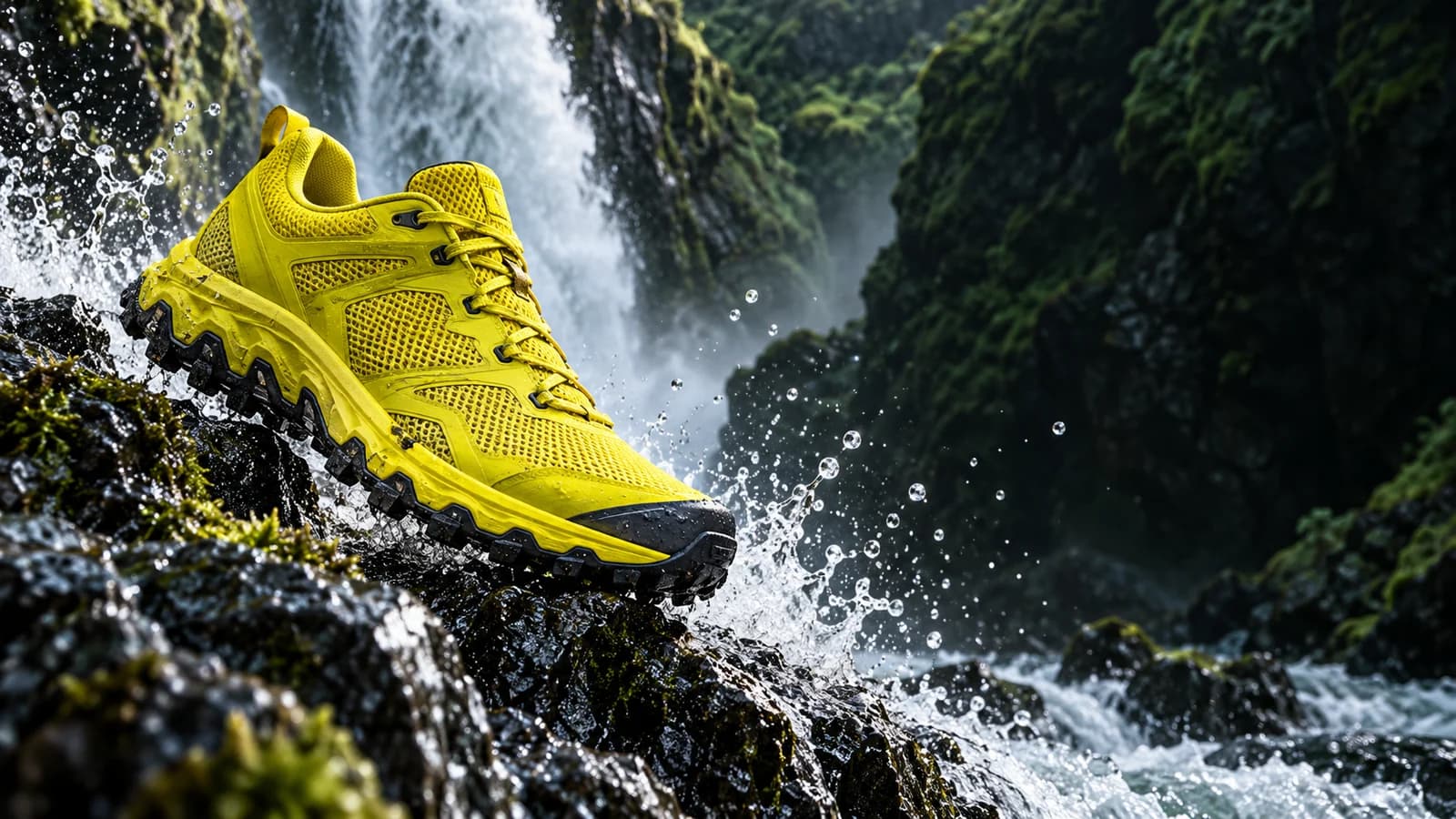 Yellow trail shoe above wet basalt with waterfall spray and dark space for copy