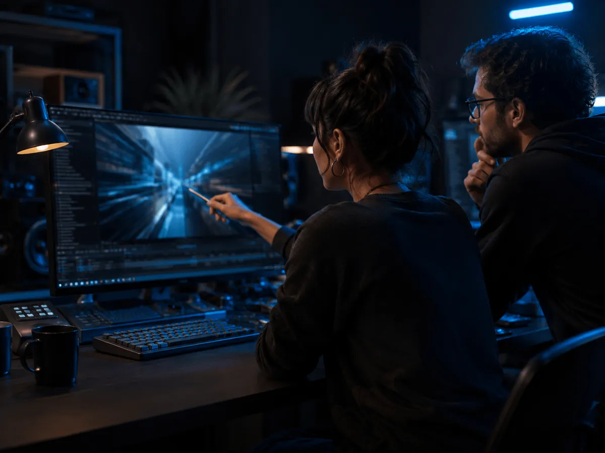 Developer and motion designer reviewing a video workstation