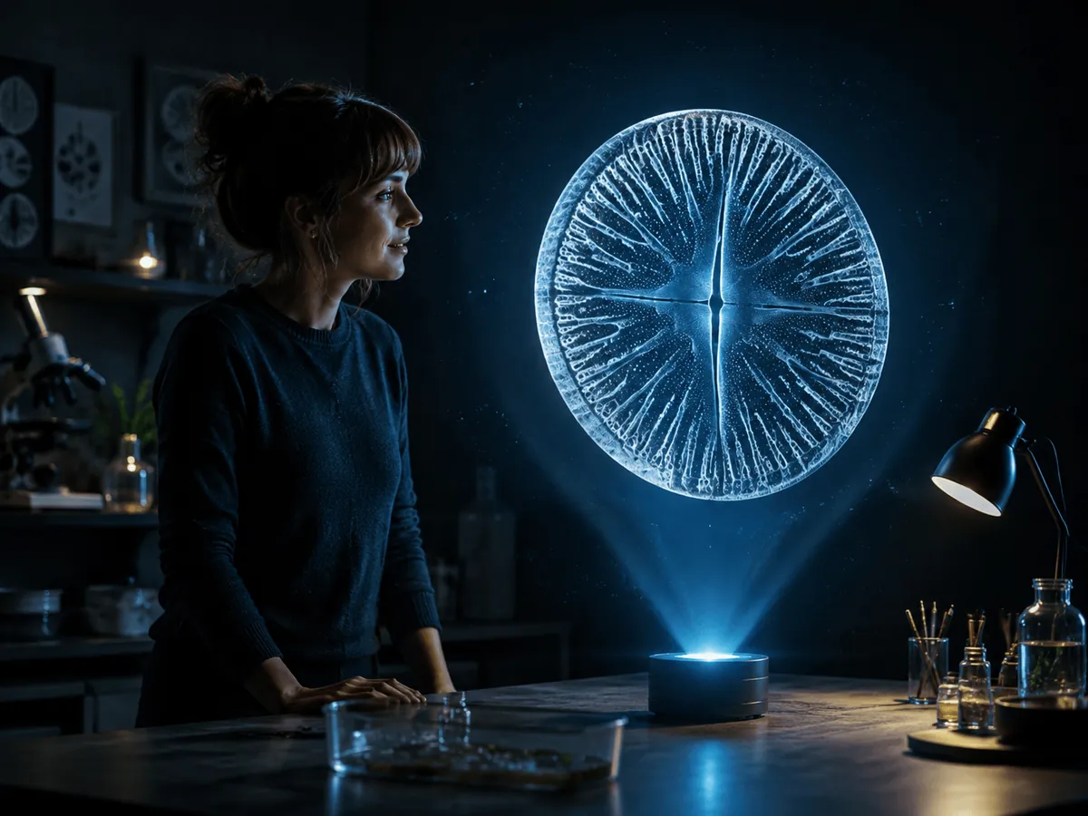 Teacher studying a projected marine diatom visualization