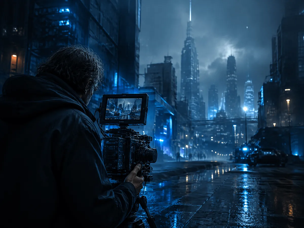 Cinematographer framing a futuristic city street at blue hour
