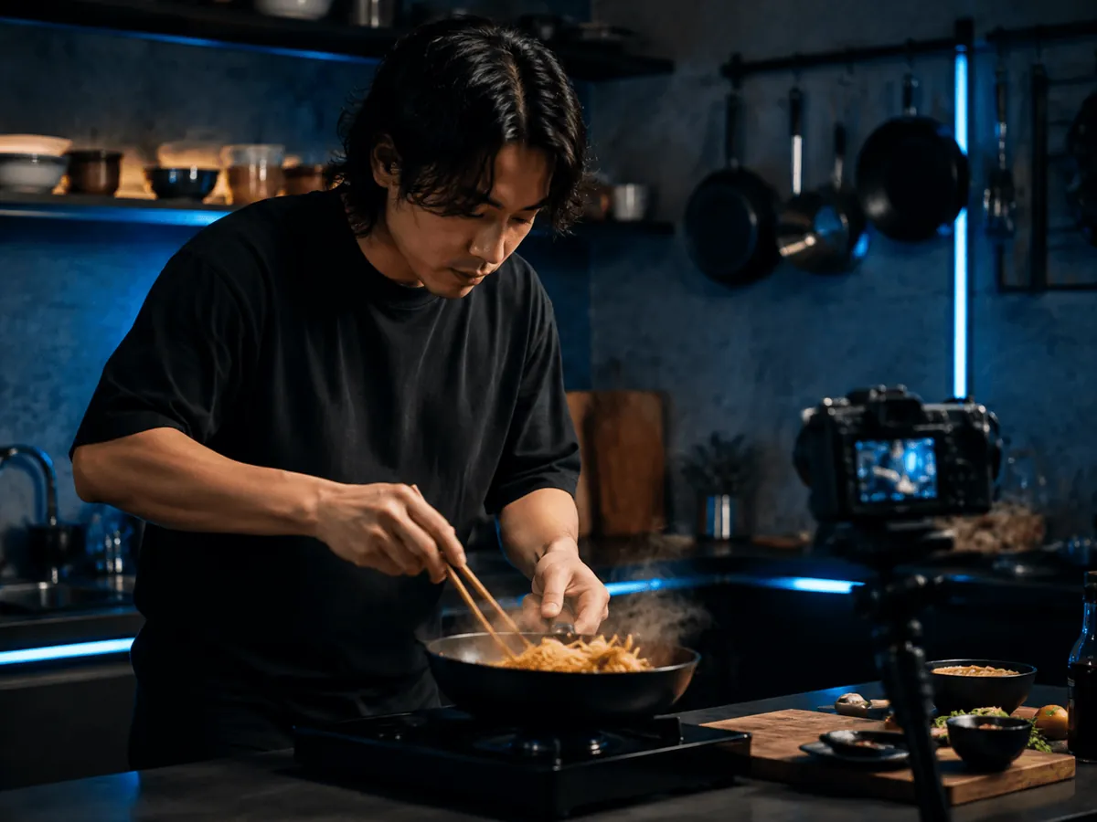 Creator filming a cooking video in a studio kitchen