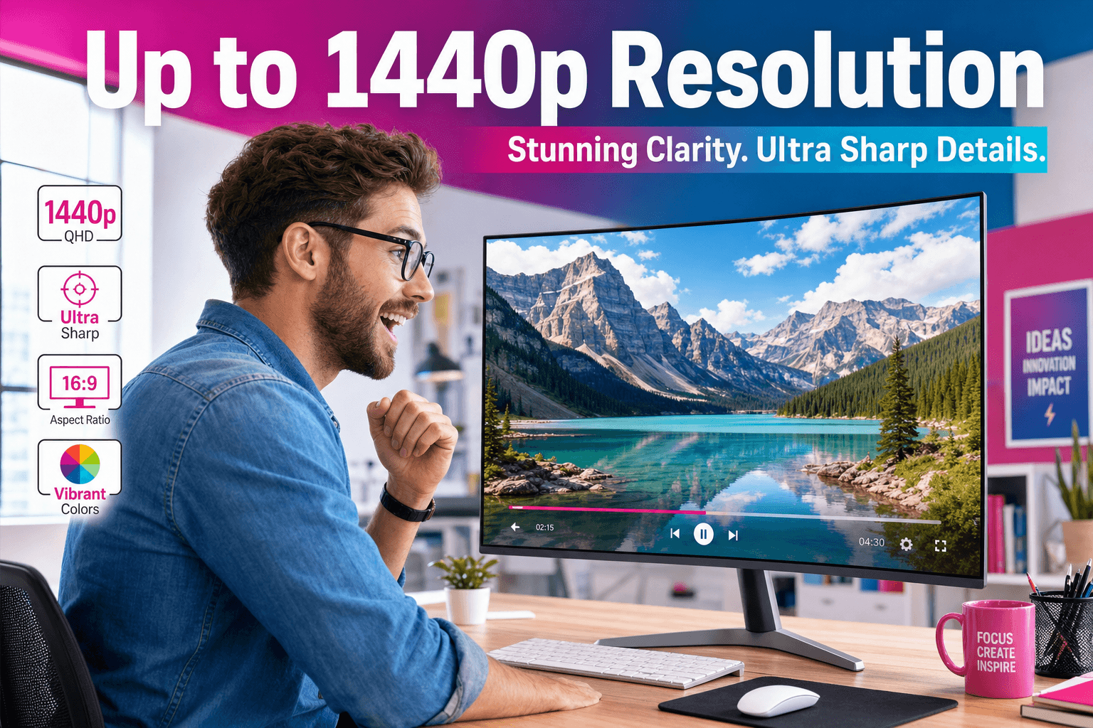 Person viewing sharp high-resolution monitor for Seedance 2.1 1440p output