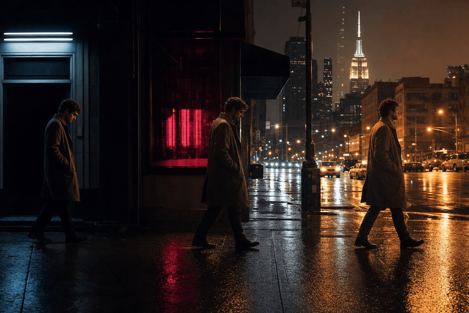 Cinematic multi-shot narrative scene with a character in motion